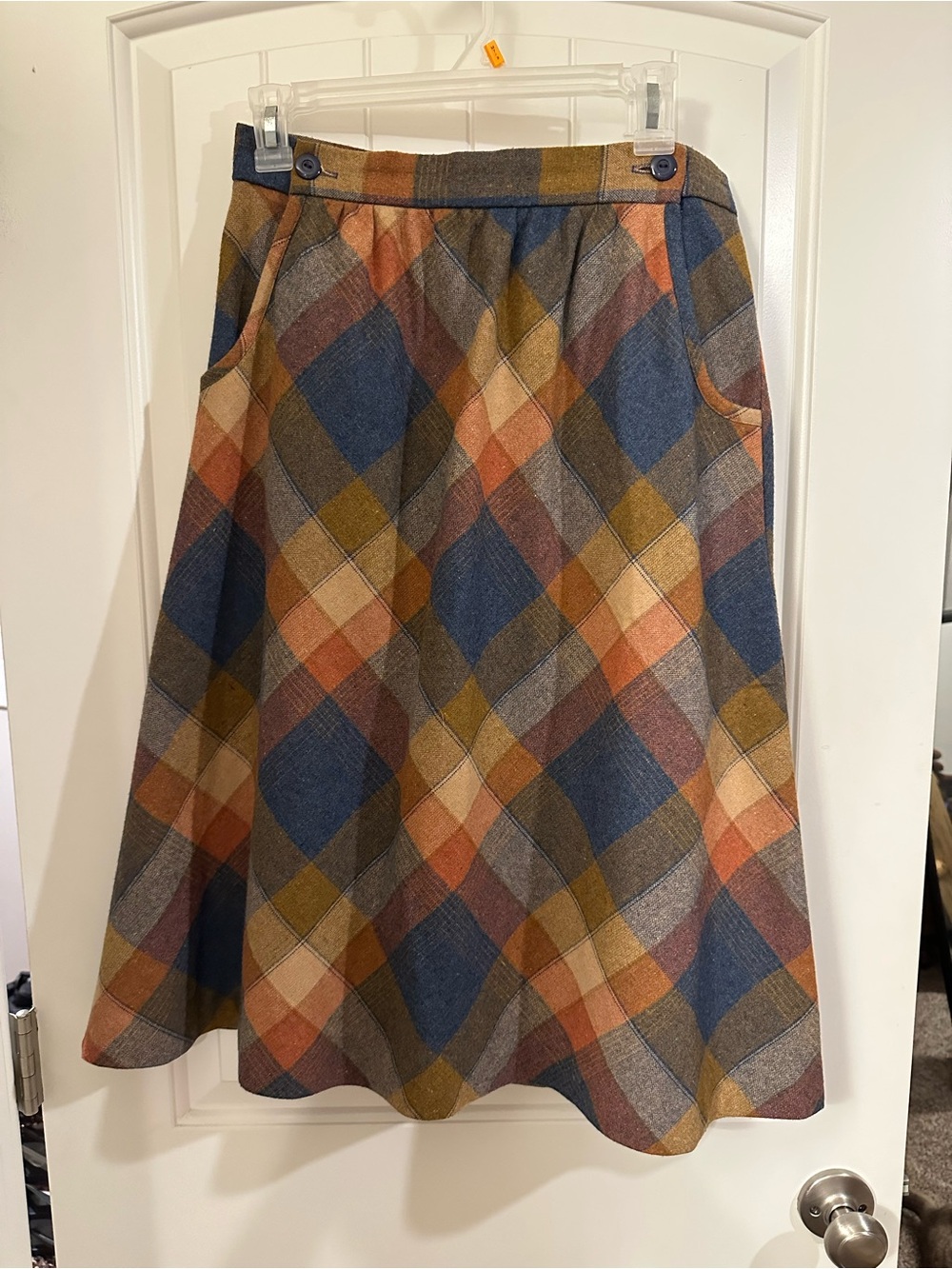 Vintage Plaid A-Line Midi Skirt in Blue, Rust, Mustard